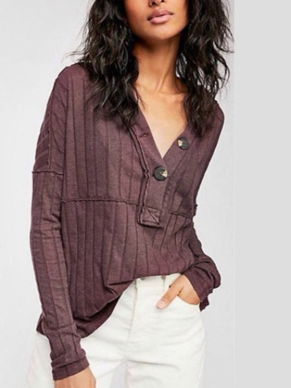 Free People In the Mix Henley Ribbed Faded Plum Button Front Size Small